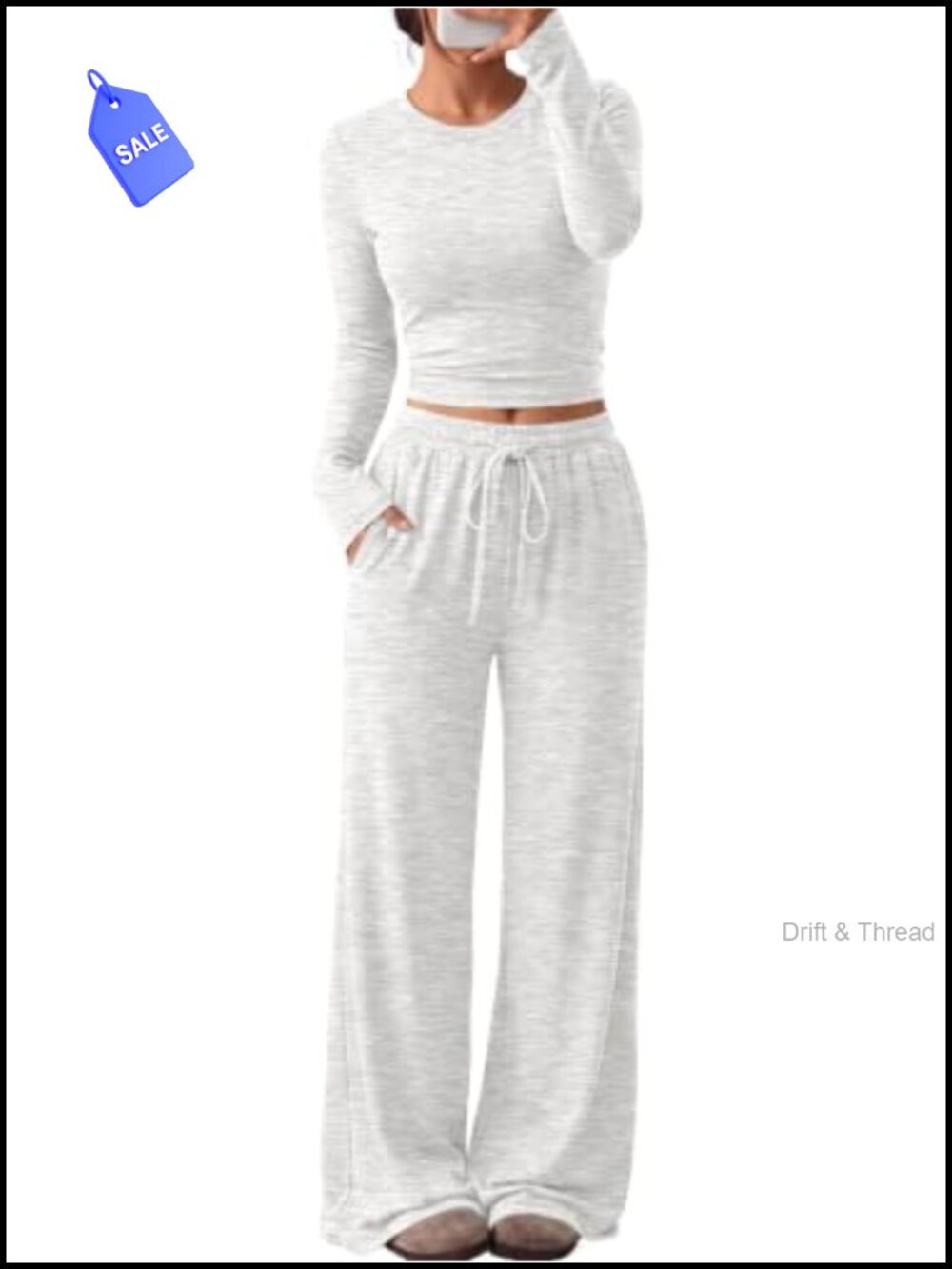 Women's 2 Piece Lounge Set Long Sleeve Top Wide Leg Pants with Pockets
